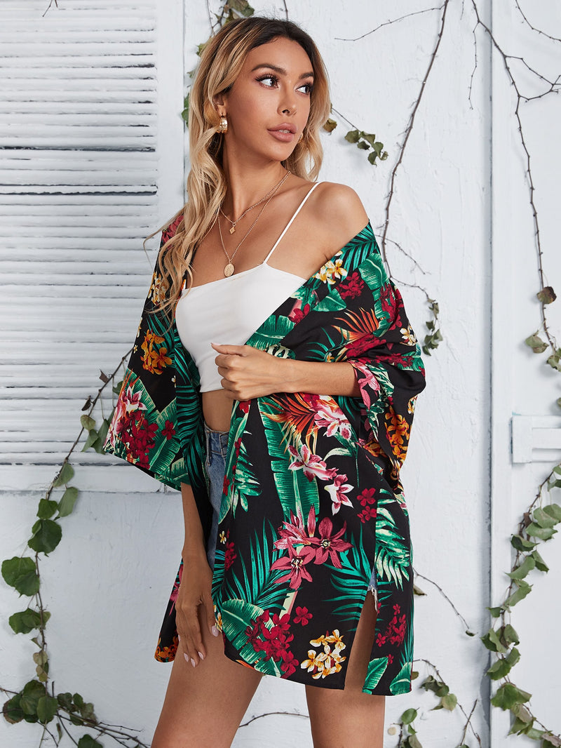 Open Front Tropical Print Kimono