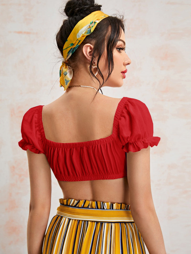 VCAY Frill Cuff Tie Front Crop Milkmaid Top VERO