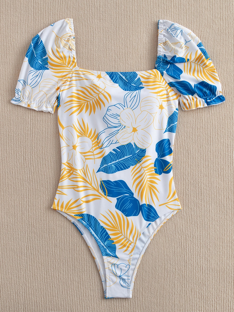 Tropical Print Lace Up Back One Piece Swimsuit