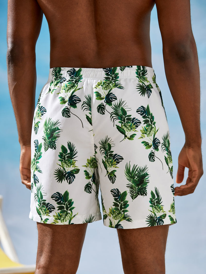 Men Tropical Print Drawstring Waist Swim Trunks