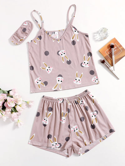 Rabbit Print Cami PJ Set With Eye Cover