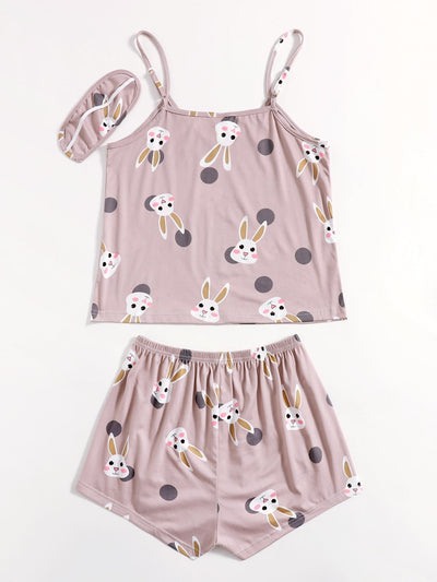 Rabbit Print Cami PJ Set With Eye Cover