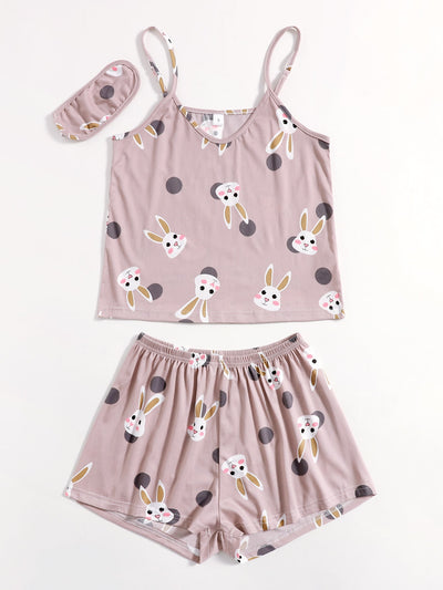 Rabbit Print Cami PJ Set With Eye Cover