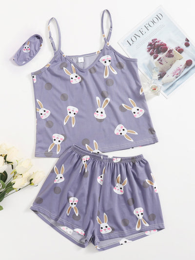 Rabbit Print Cami PJ Set With Eye Cover