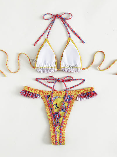 Geometric Paisley Print Frill Trim Thong Bikini Swimsuit