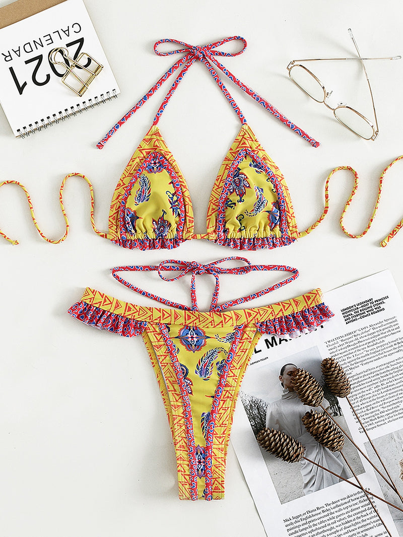 Geometric Paisley Print Frill Trim Thong Bikini Swimsuit