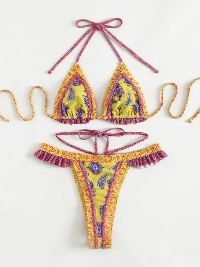 Geometric Paisley Print Frill Trim Thong Bikini Swimsuit