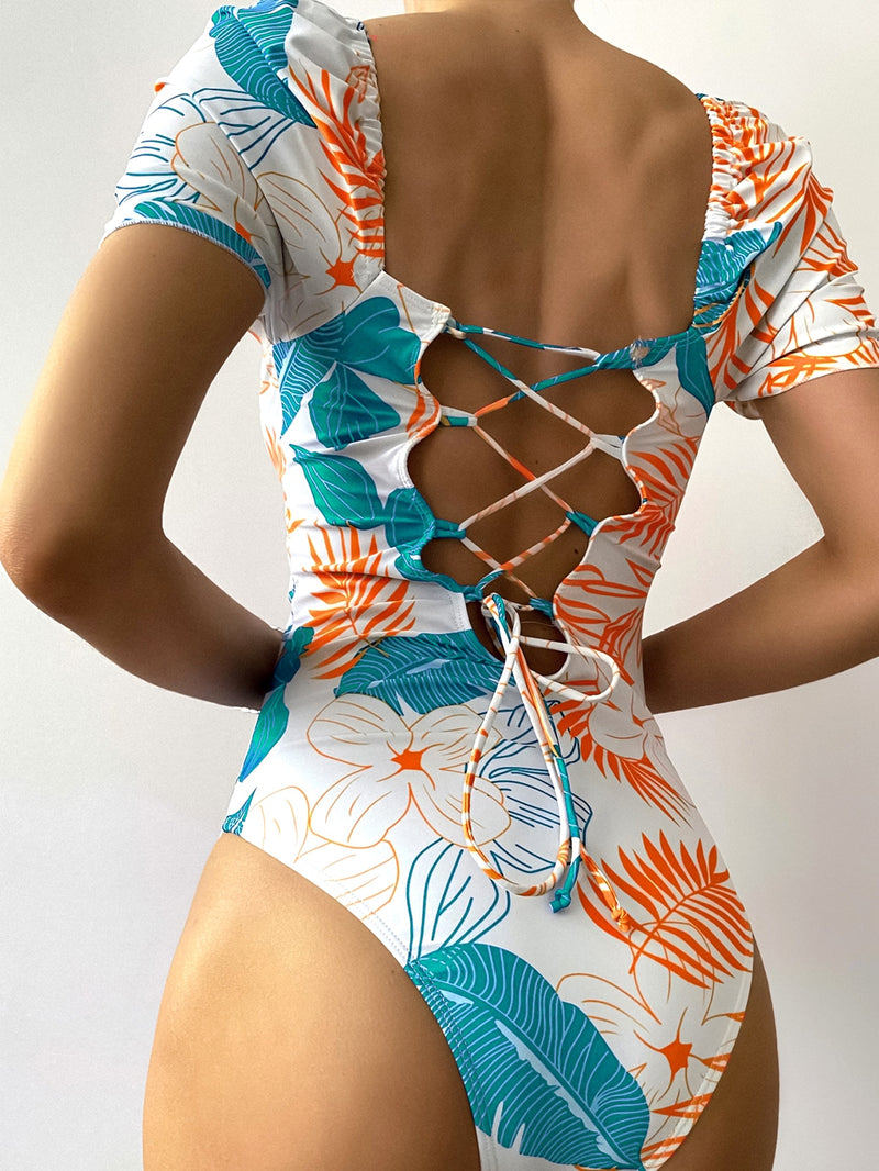 Tropical Print Lace Up Back One Piece Swimsuit