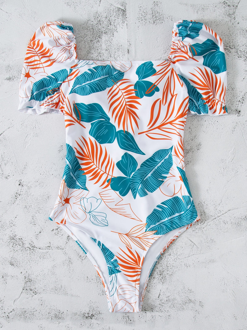 Tropical Print Lace Up Back One Piece Swimsuit