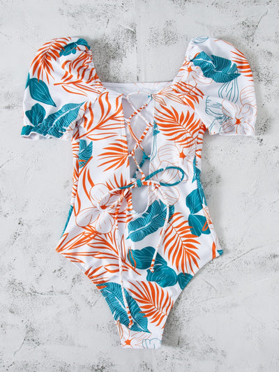 Tropical Print Lace Up Back One Piece Swimsuit