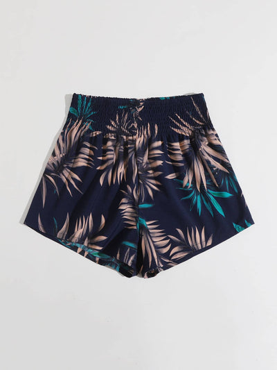 Plants Print Shirred Waist Shorts
