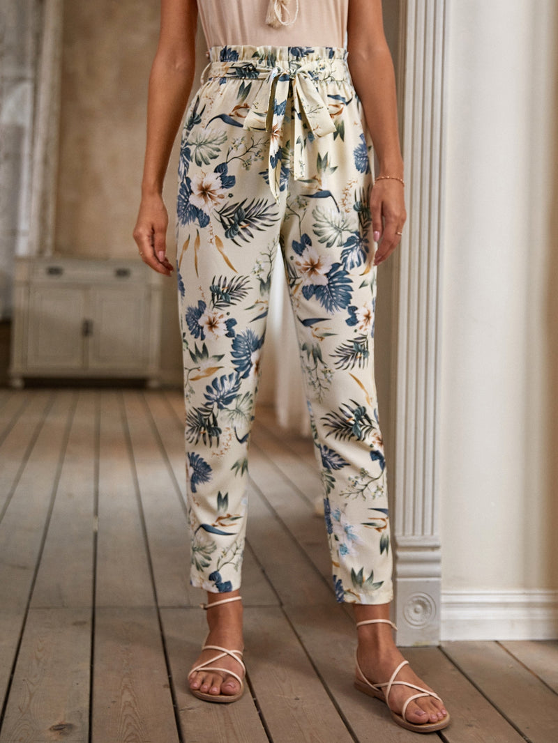 Floral Print Paperbag Belted Pants