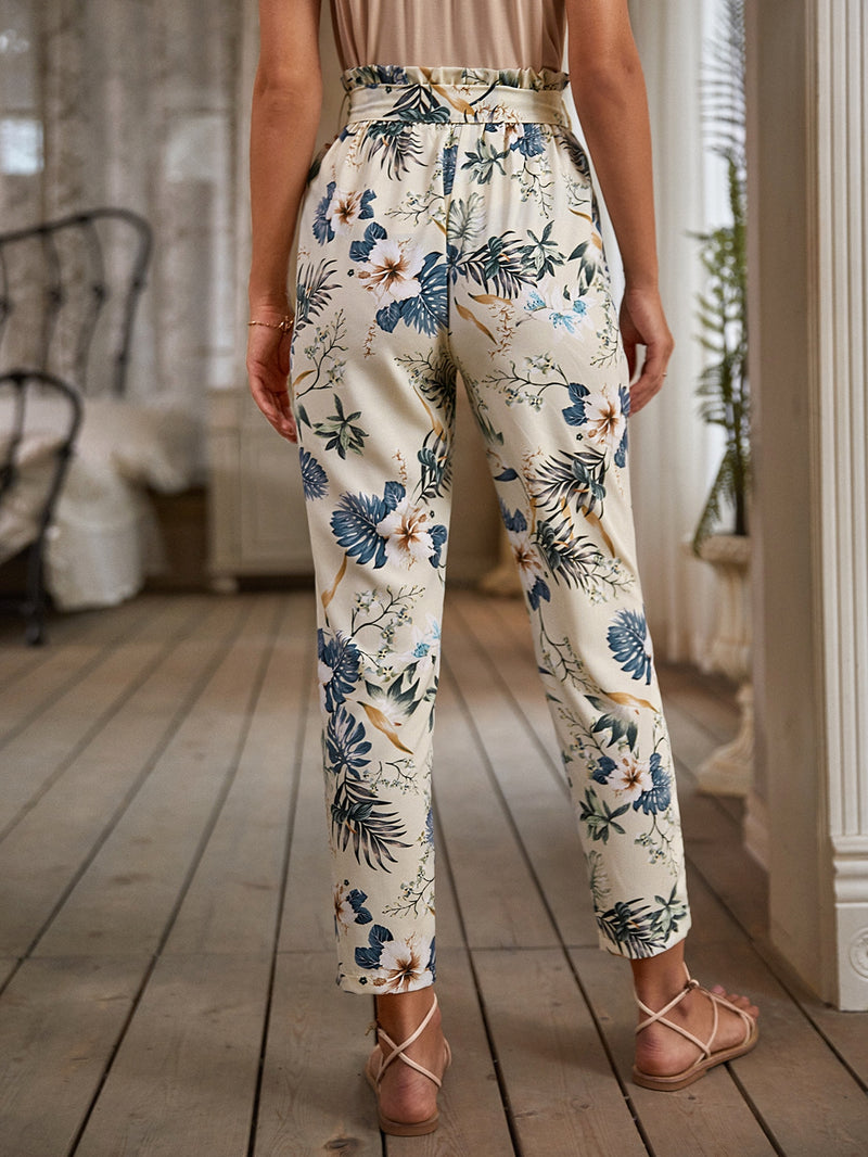 Floral Print Paperbag Belted Pants