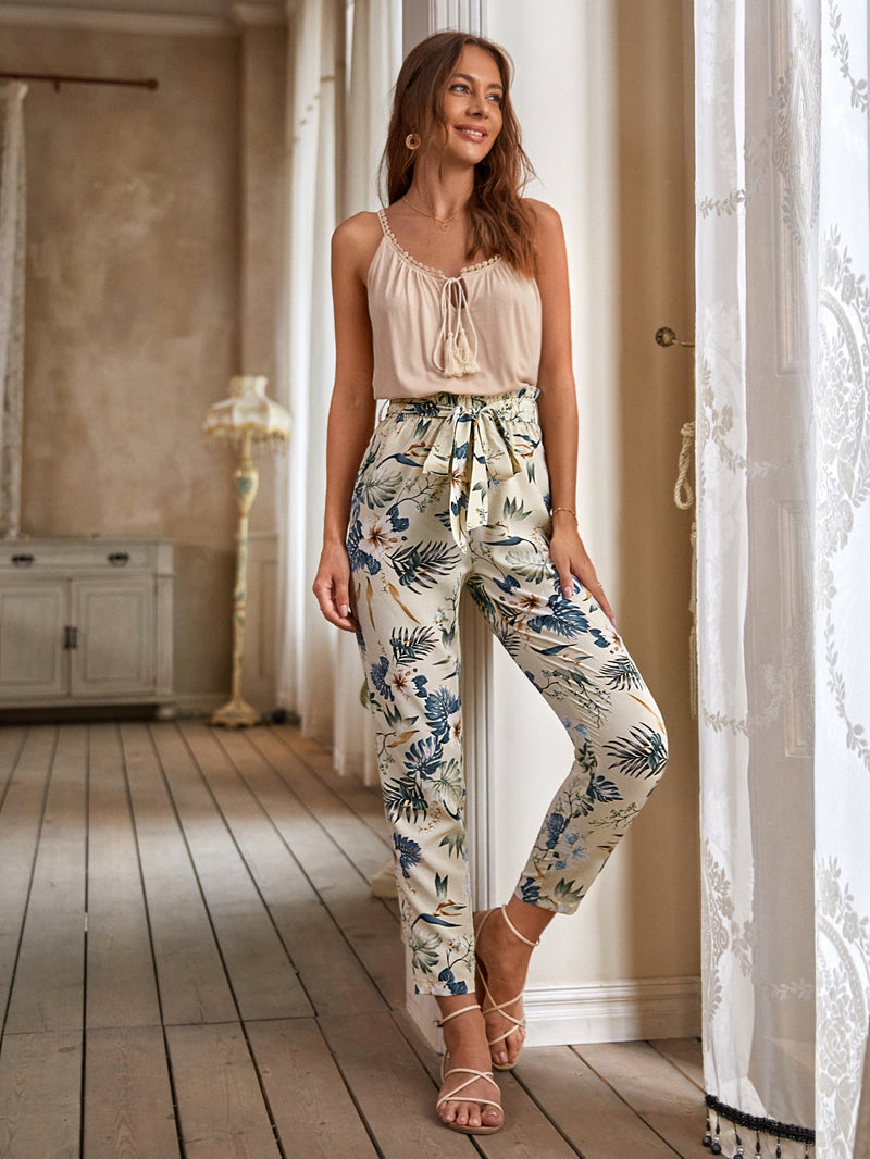 Floral Print Paperbag Belted Pants