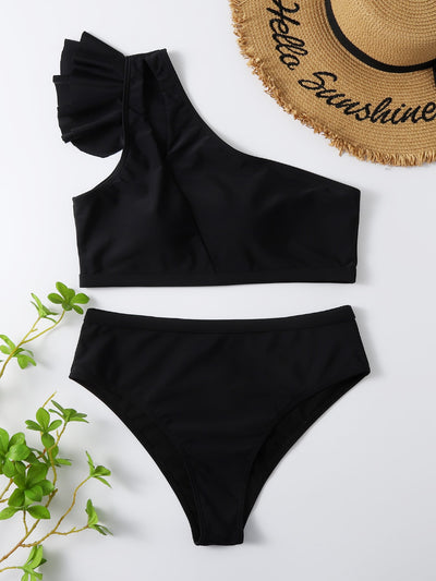 Tiered Ruffle Trim Cut out Bikini Swimsuit