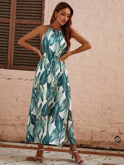 Tropical Print Tie Front Halter Dress
