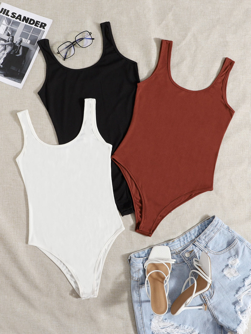 3pcs Solid Ribbed Tank Bodysuit