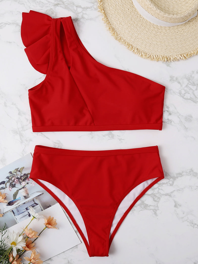 Tiered Ruffle Trim Cut out Bikini Swimsuit