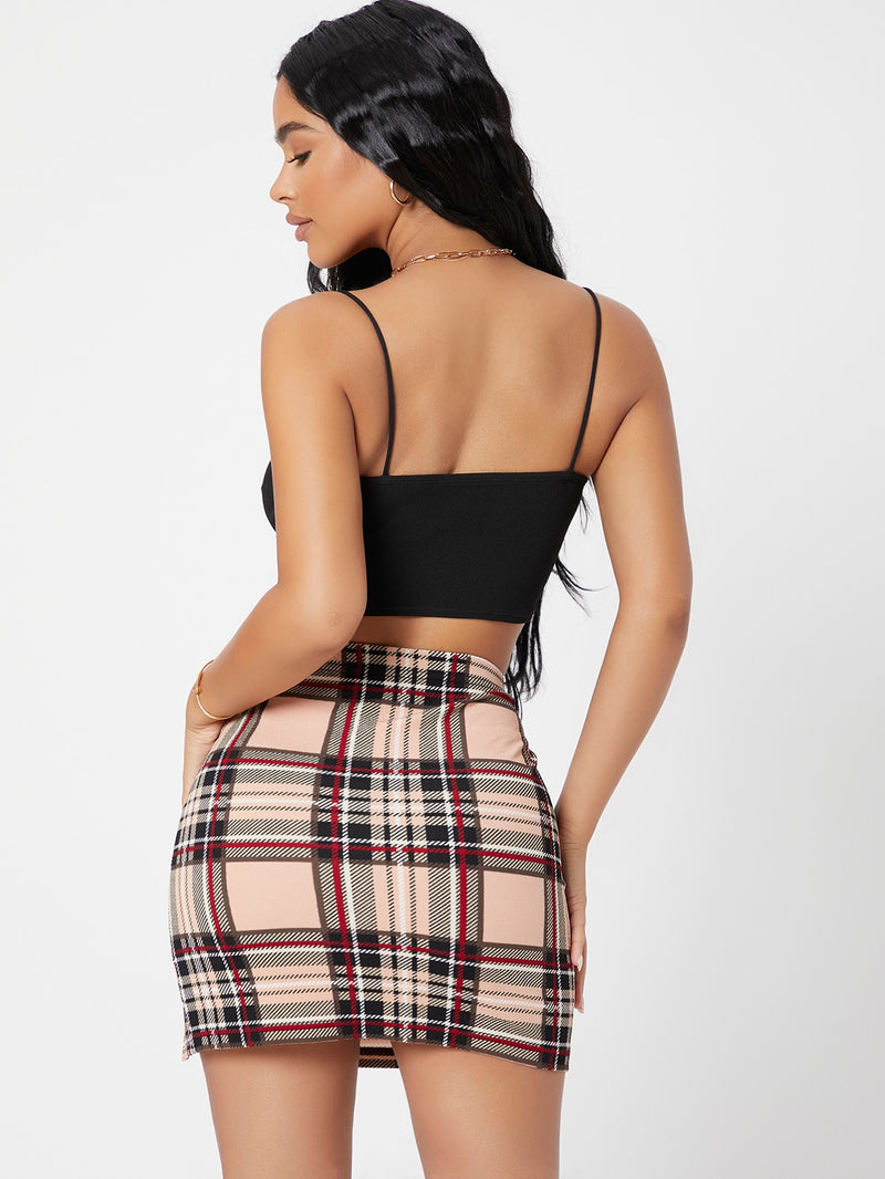 PETITE Crop Cami Top And Split Hem Tartan Skirt Set