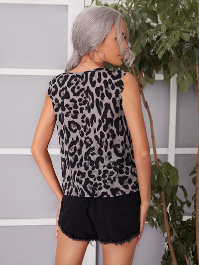 Keyhole Neck Scallop Edge Leopard Top