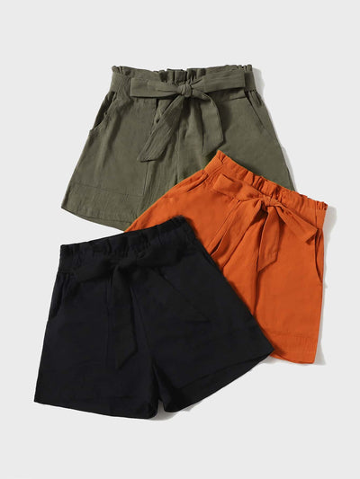 3pcs Slant Pocket Paperbag Waist Shorts