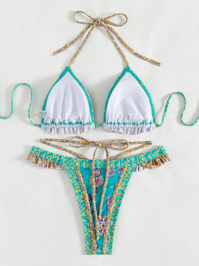 Geometric Paisley Print Frill Trim Thong Bikini Swimsuit