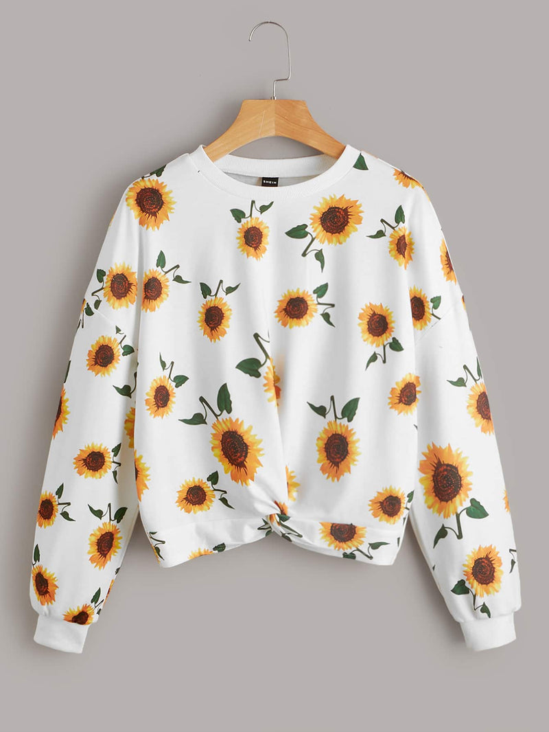 Allover Sunflower Print Twist Front Sweatshirt