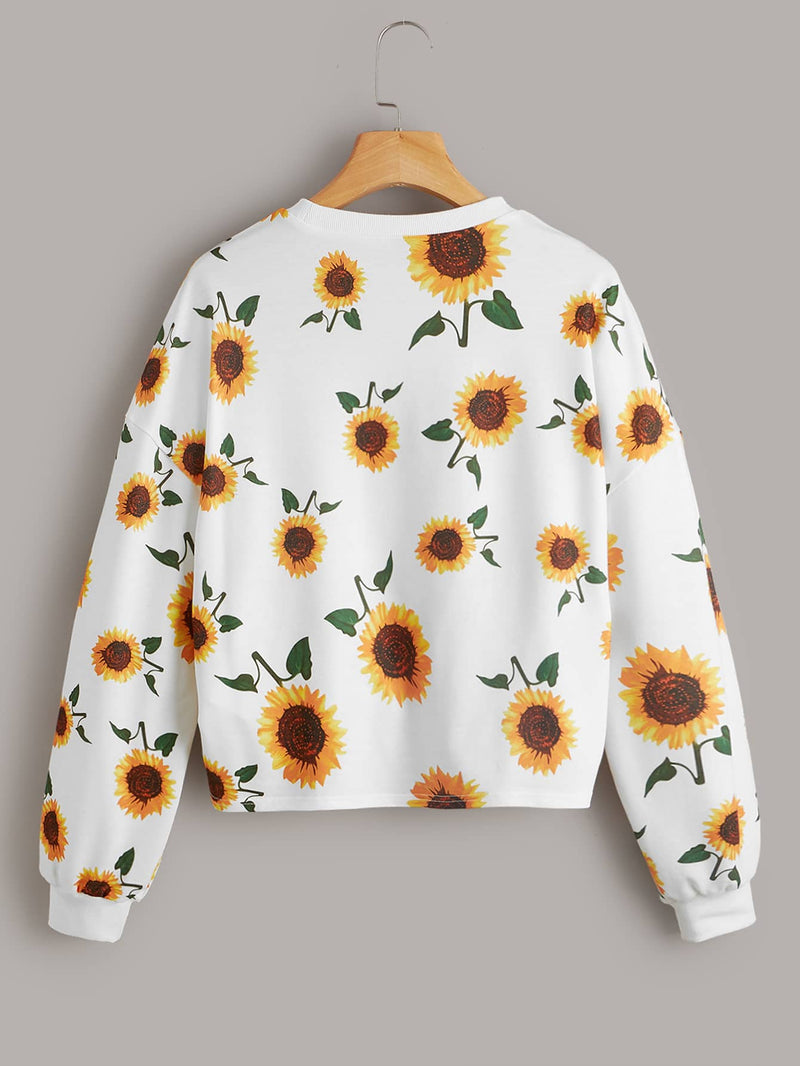 Allover Sunflower Print Twist Front Sweatshirt