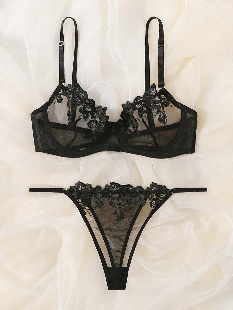 Floral Embroidery Mesh Underwire Lingerie Set