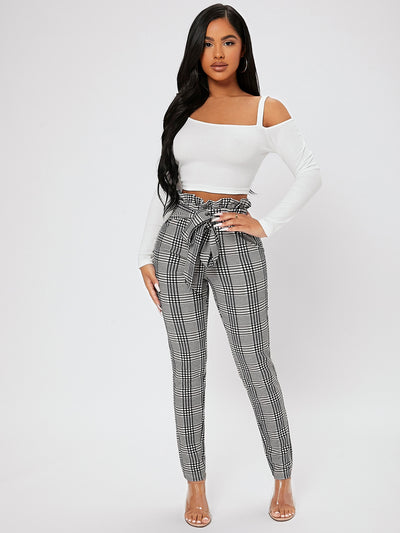 PETITE Plaid Print Paperbag Waist Knot Front Pants