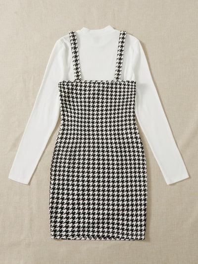 Ribbed Knit Tee Houndstooth Cami Dress