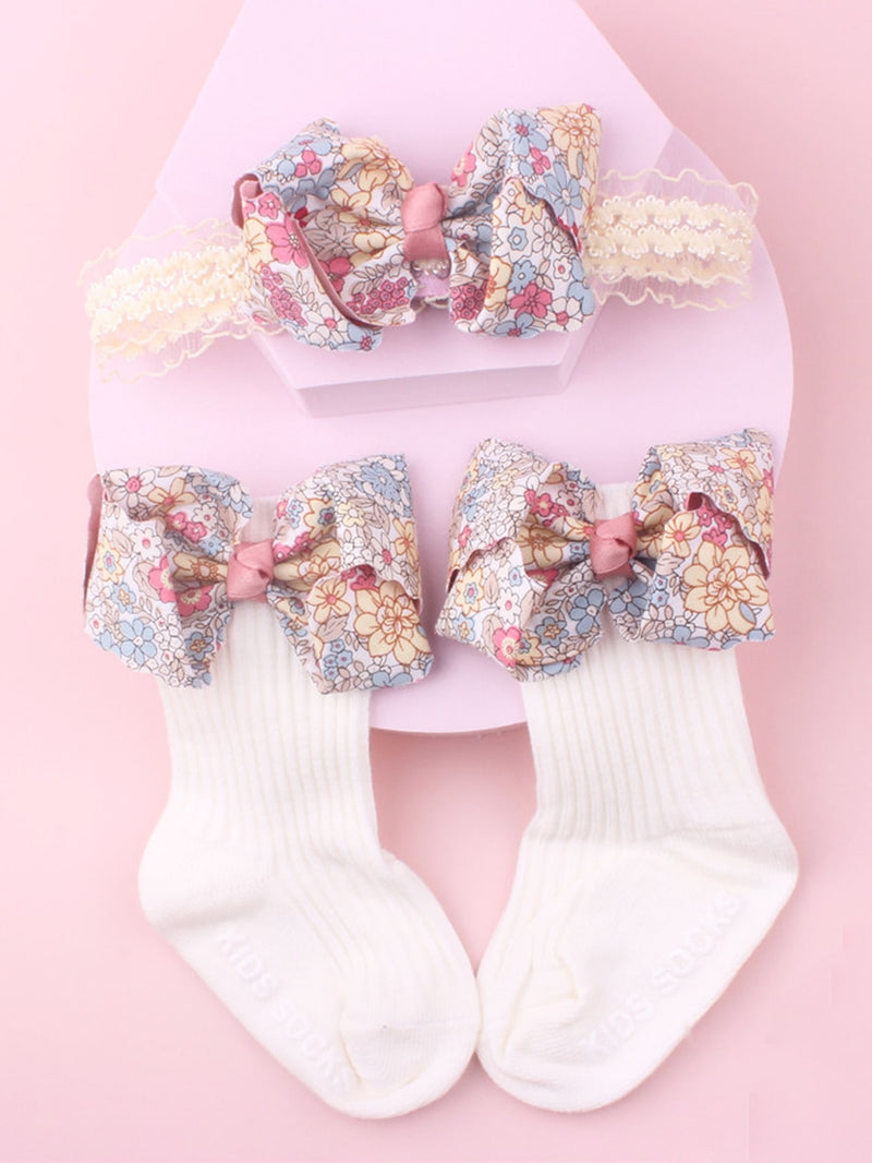 Baby Flower Pattern Bow Decor Hair Band & Socks