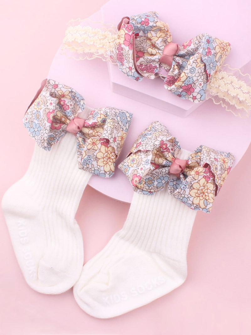 Baby Flower Pattern Bow Decor Hair Band & Socks