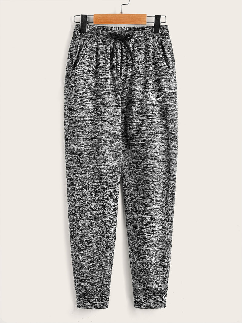 Boys Marled Antler Embroidery Drawstring Waist Sweatpants