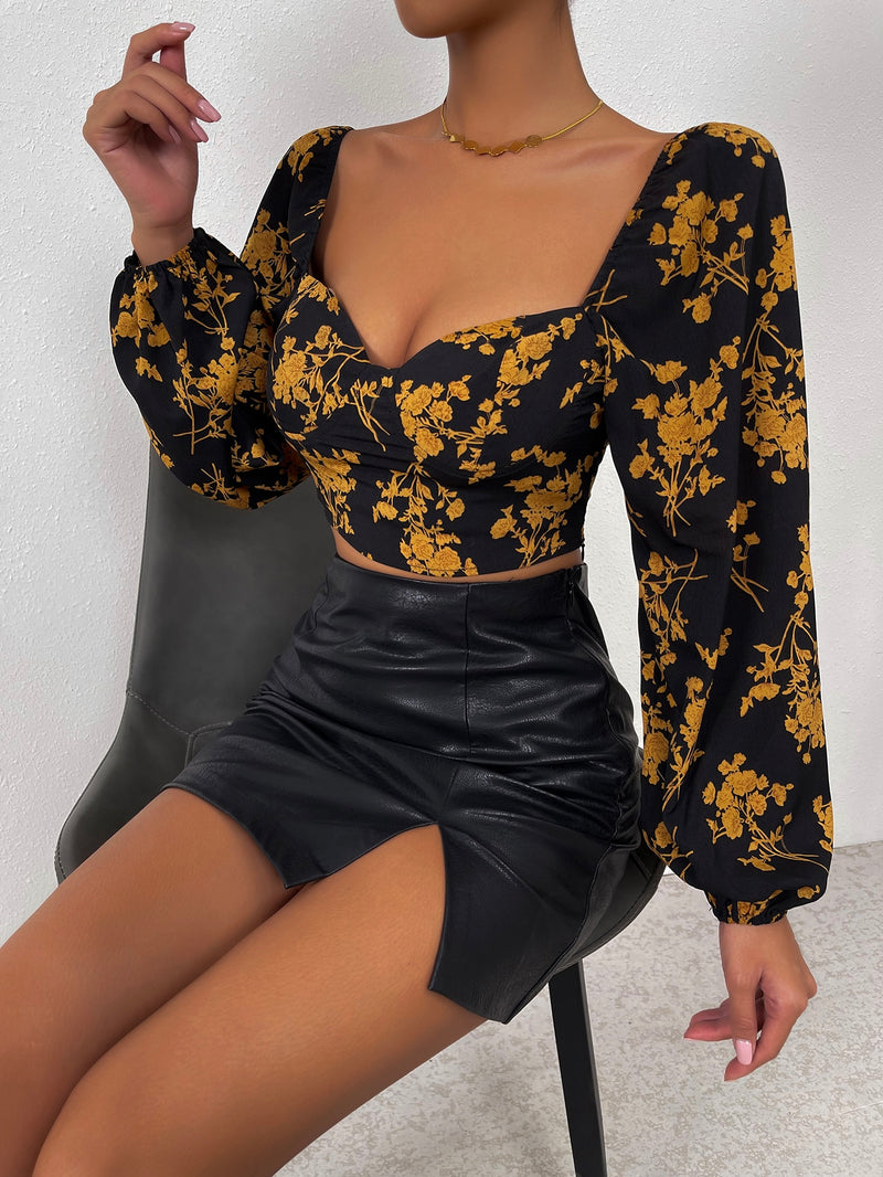 Floral Print Sweetheart Neck Lantern Sleeve Crop Blouse