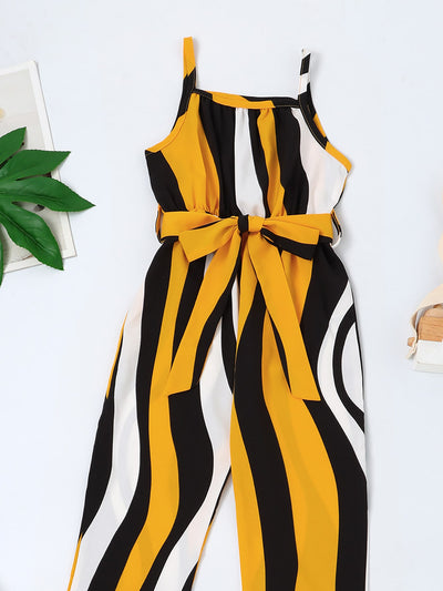 Toddler Girls Striped Print Belted Cami Jumpsuit