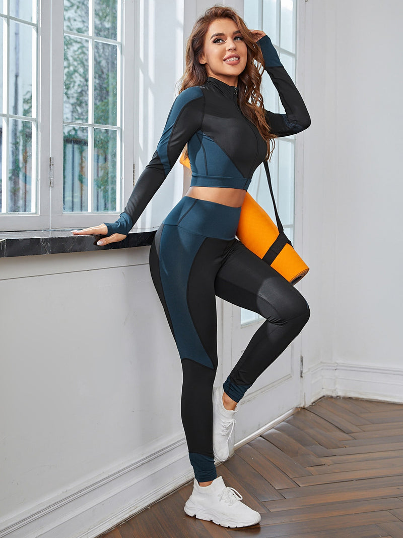 Absorbs Sweat Breathable Zipper Front Colorblock Sports Set