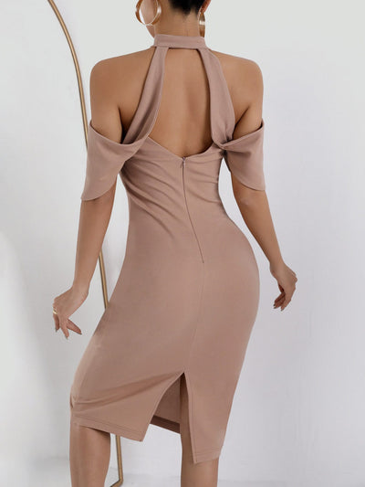 SXY Cross Cold Shoulder Split Back Bodycon Dress