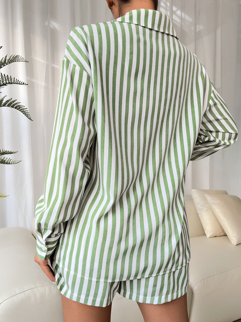 Striped Button Through Blouse Shorts Set