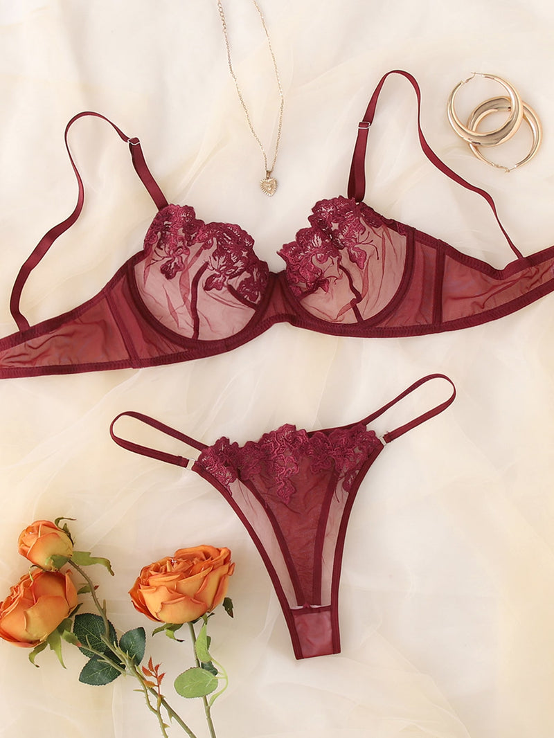 Floral Embroidery Mesh Underwire Lingerie Set