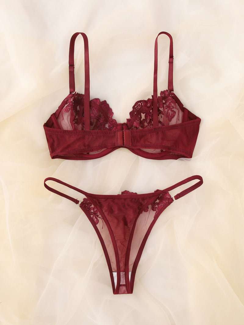 Floral Embroidery Mesh Underwire Lingerie Set