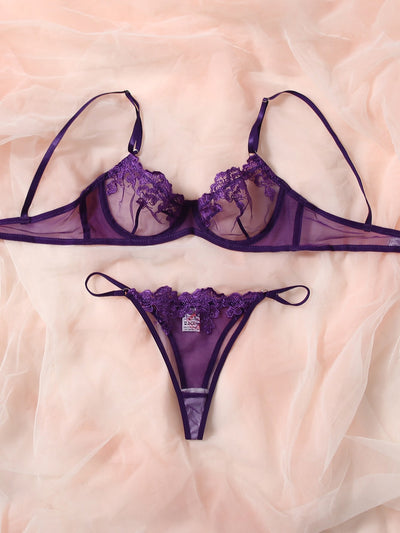 Floral Embroidery Mesh Underwire Lingerie Set