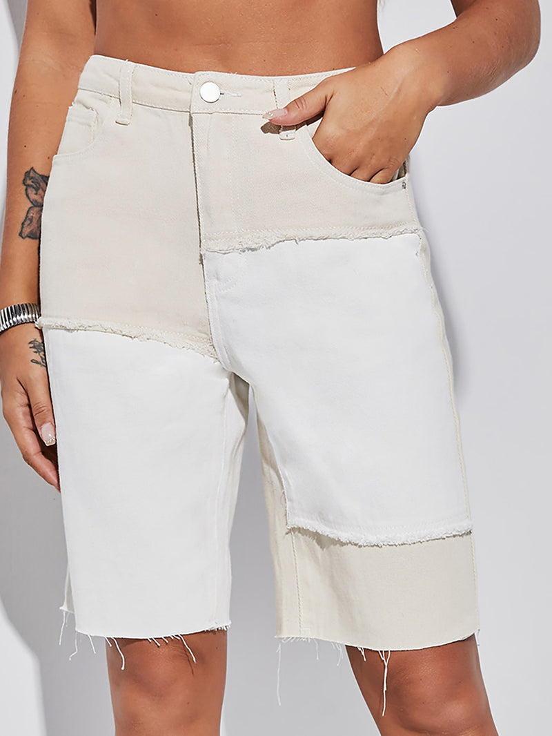 Raw Hem High Waist Panel Denim Shorts