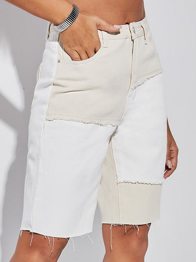 Raw Hem High Waist Panel Denim Shorts