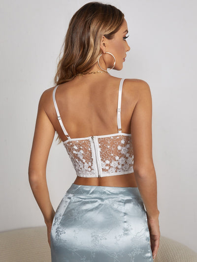 Backless Lace Floral Print Crop Cami Top