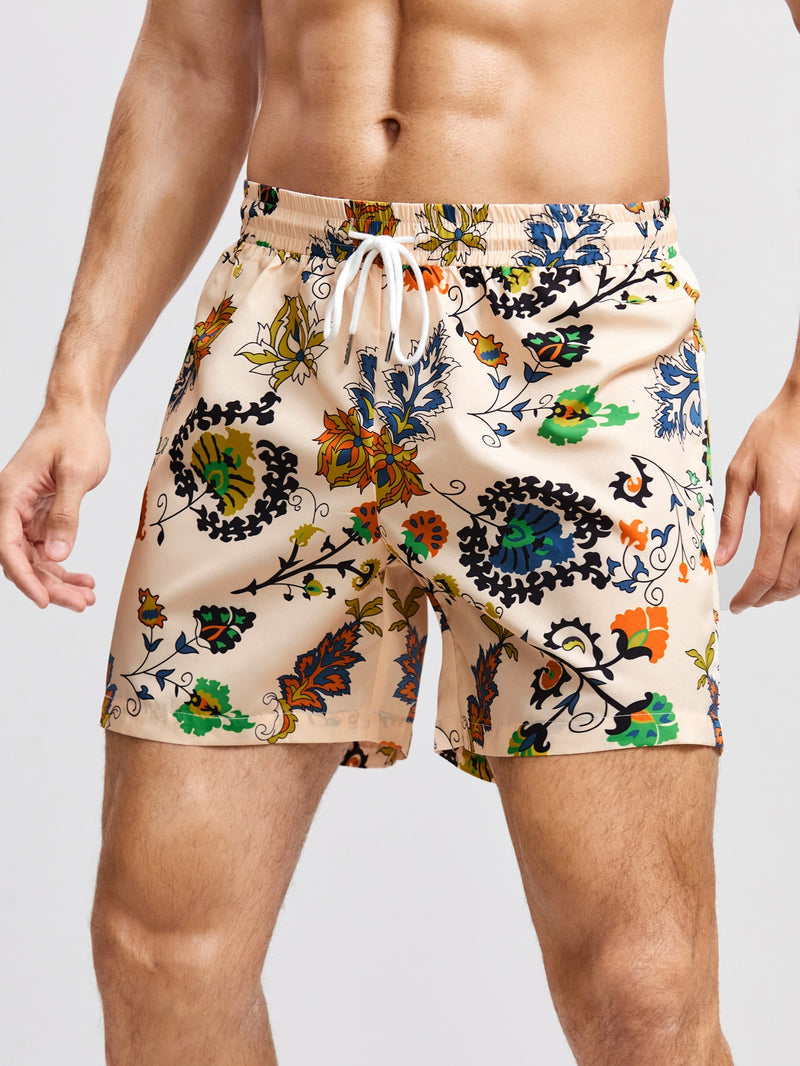 Men Floral Print Drawstring Waist Shorts