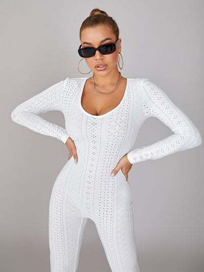 Scoop Neck Pointelle Knit Unitard Jumpsuit