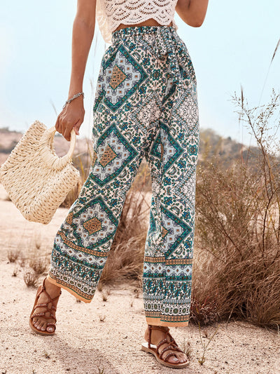 Scarf Print Belted Wide Leg Pants