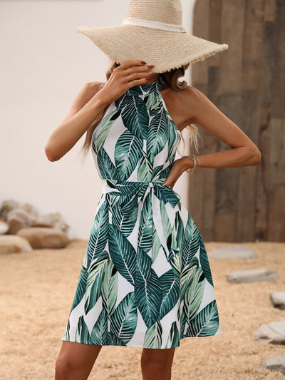 Tropical Print Halter Neck Belted Dress