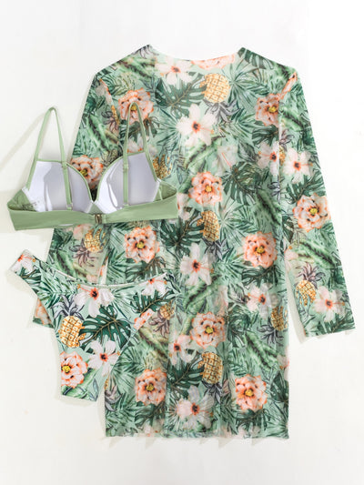 Floral Twist Push Up Bikini Swimsuit With Kimono